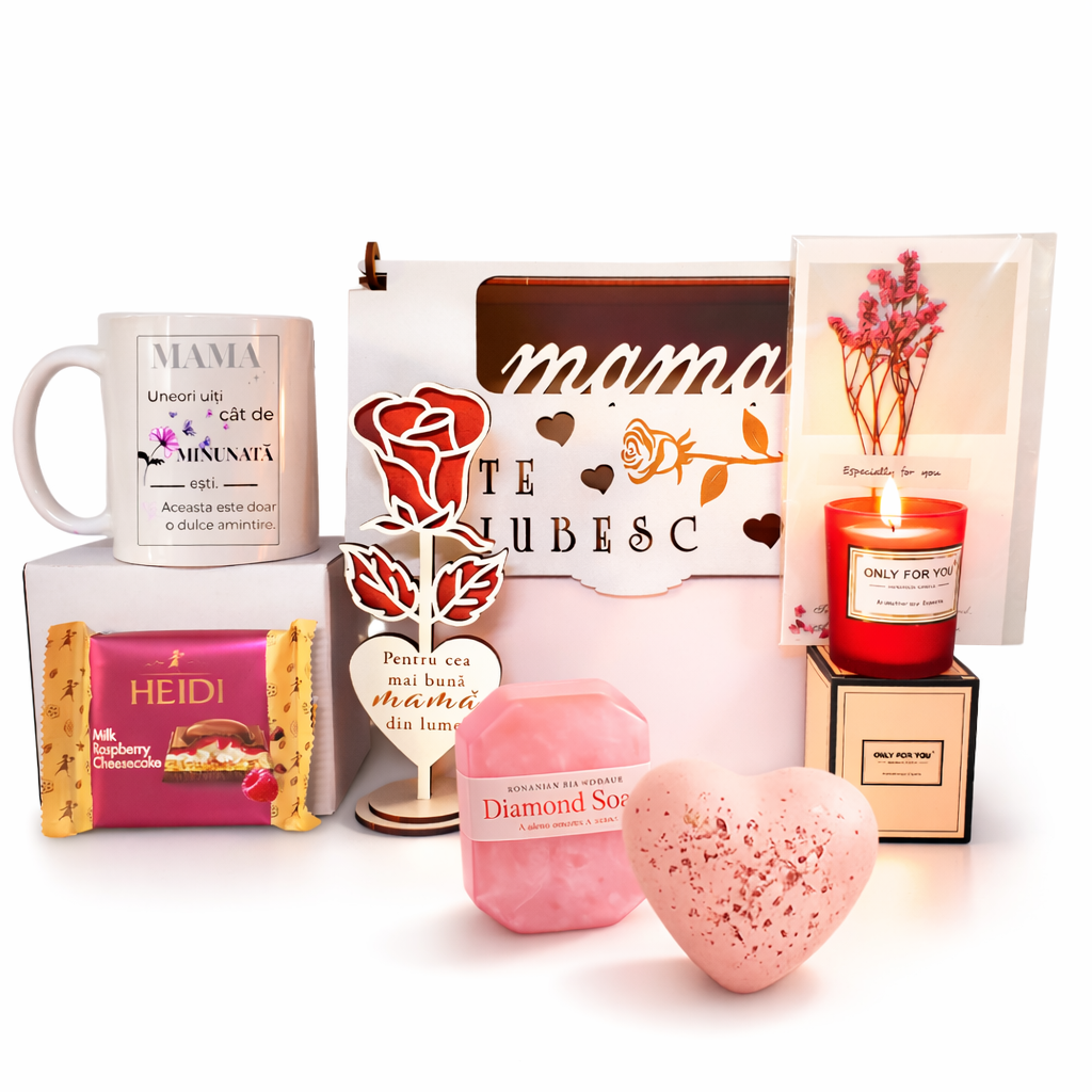 Set Cadou Mama JOYSTOS – Colier Argint 925 Cruciulita, Cutie Lemn „Te Iubesc”, Cana cu mesaj Mama, Lumanare Parfumata, Ciocolata – Cadou Emotional pentru Mama