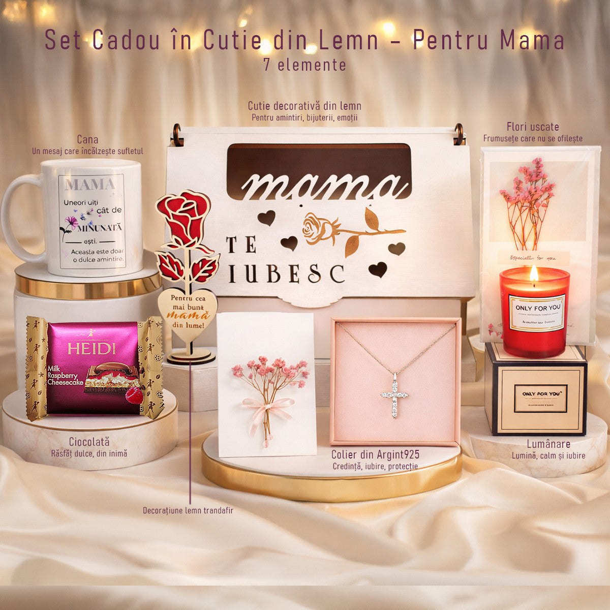 Set Cadou Mama JOYSTOS – Colier Argint 925 Cruciulita, Cutie Lemn „Te Iubesc”, Cana cu mesaj Mama, Lumanare Parfumata, Ciocolata – Cadou Emotional pentru Mama