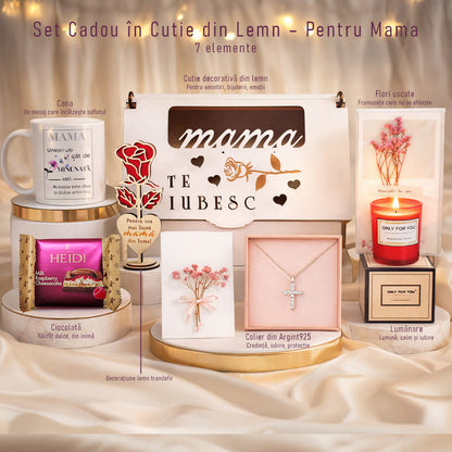 Set Cadou Mama JOYSTOS – Colier Argint 925 Cruciulita, Cutie Lemn „Te Iubesc”, Cana cu mesaj Mama, Lumanare Parfumata, Ciocolata – Cadou Emotional pentru Mama