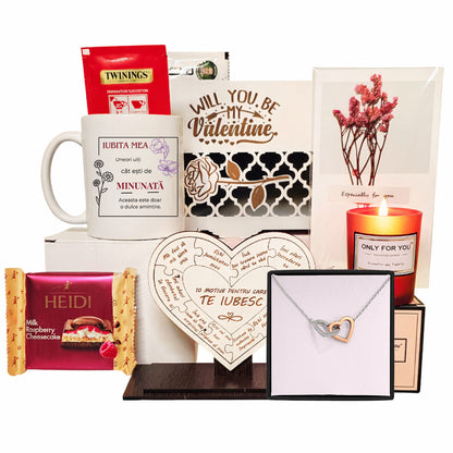 Set Cadou Femei Premium 9 Piese, JOYSTOS, – Colier Argint 925 cu Pandant Placat Aur Alb si Aur Rose 18K, Cana Personalizata, Lumanare Parfumata, Cadou Romantic pentru Iubita, Valentine’s Day / Aniversare