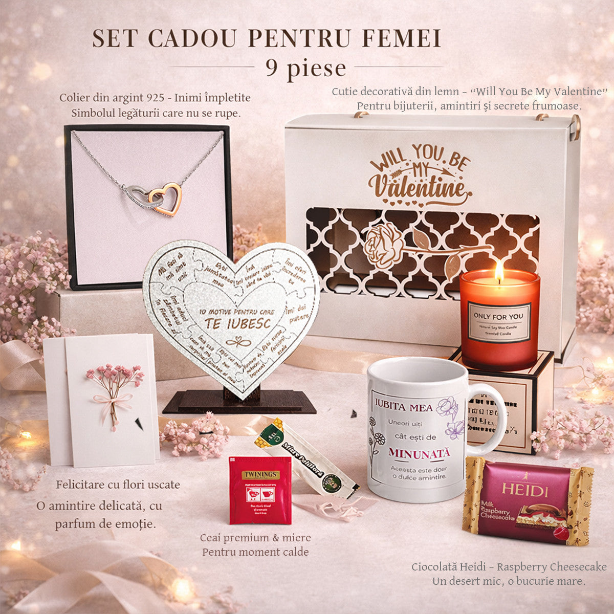 Set Cadou Femei Premium 9 Piese, JOYSTOS, – Colier Argint 925 cu Pandant Placat Aur Alb si Aur Rose 18K, Cana Personalizata, Lumanare Parfumata, Cadou Romantic pentru Iubita, Valentine’s Day / Aniversare