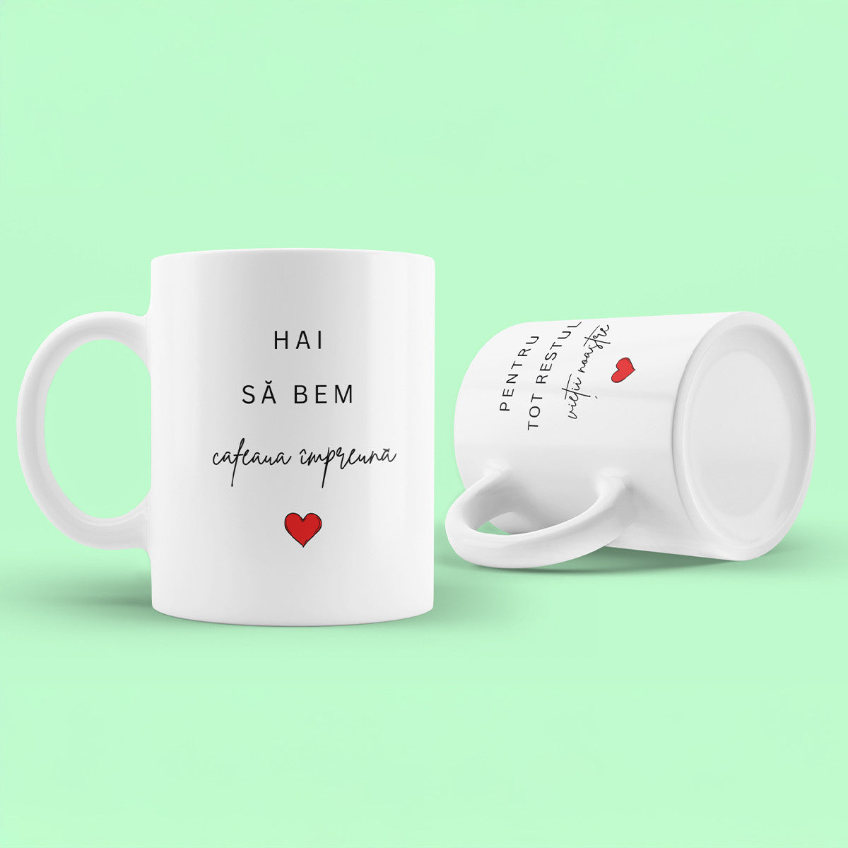 Set Cadou Pentru Iubita/Iubit, JOYSTOS, 2 Cani Ceramica, Albe, 330 ml, Cu Mesajul ”Hai sa bem cafeaua impreuna / Pentru tot restul vietii noastre”