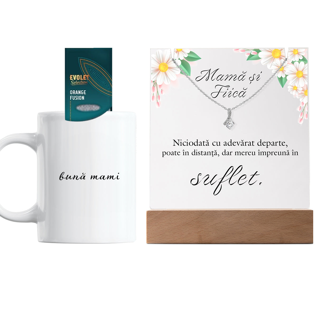 Set Cadou Mama si Fiica - Colier din Argint 925 Placat cu Aur Alb 14K, Lampa Personalizata cu Text ”Mama si Fiica”, Cana Ceramica si Ceai Aromat