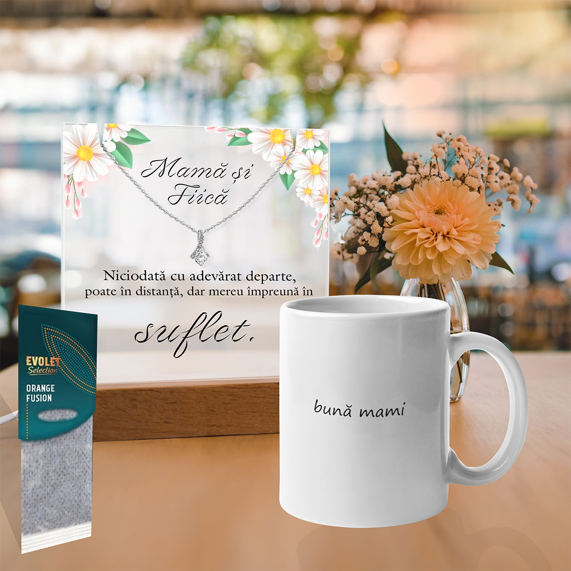 Set Cadou Mama si Fiica - Colier din Argint 925 Placat cu Aur Alb 14K, Lampa Personalizata cu Text ”Mama si Fiica”, Cana Ceramica si Ceai Aromat