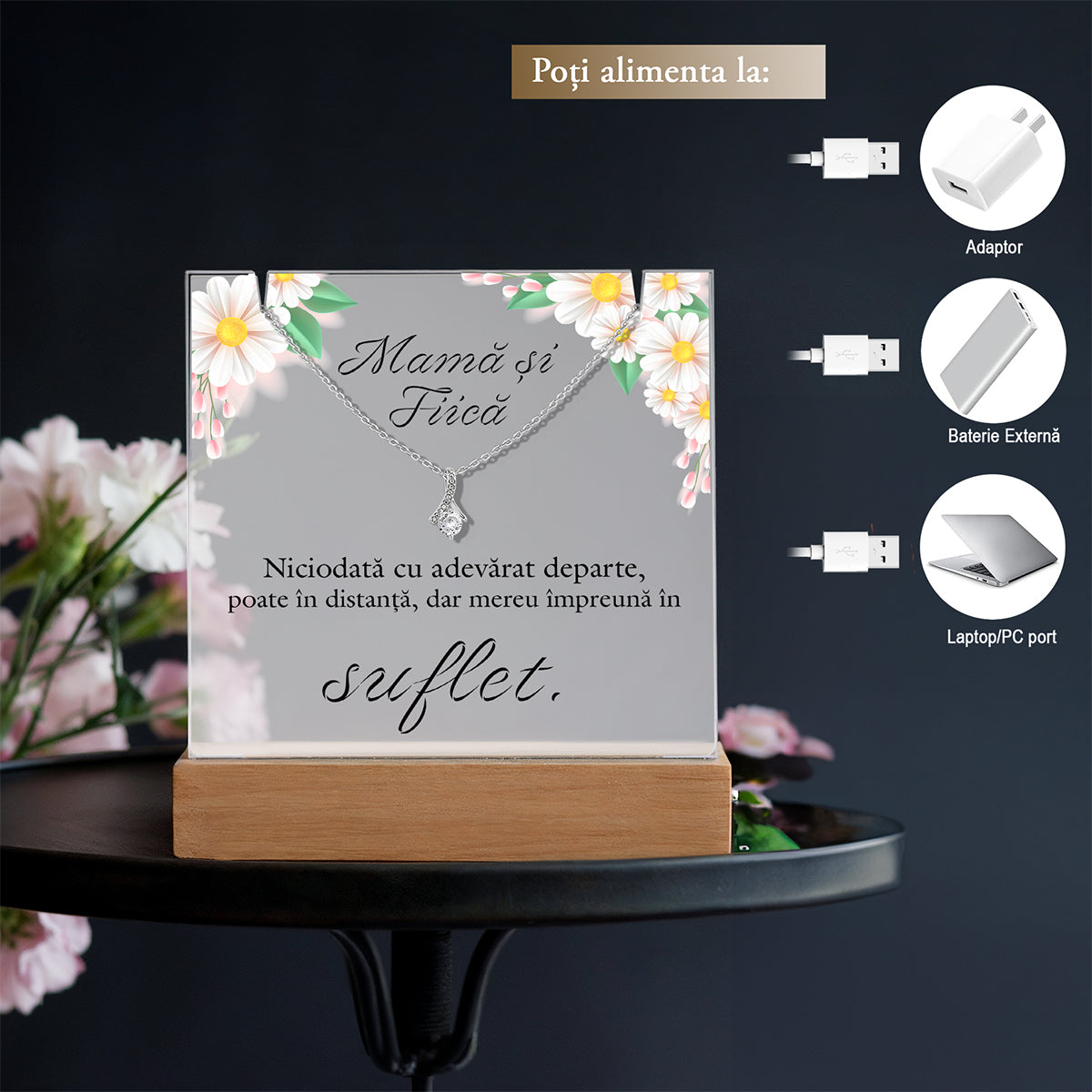 Set Cadou Mama si Fiica - Colier din Argint 925 Placat cu Aur Alb 14K, Lampa Personalizata cu Text ”Mama si Fiica”, Cana Ceramica si Ceai Aromat