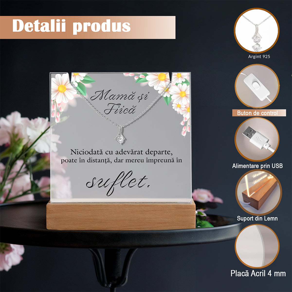 Set Cadou Mama si Fiica - Colier din Argint 925 Placat cu Aur Alb 14K, Lampa Personalizata cu Text ”Mama si Fiica”, Cana Ceramica si Ceai Aromat