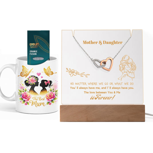 Set Cadou Mama si Fiica - Colier din Argint 925 si Pandant Inima Dubla Placat cu Aur Alb si Rose 14K, Lampa Personalizata cu Text ”Mama si Fiica”, Cana Ceramica si Ceai Aromat