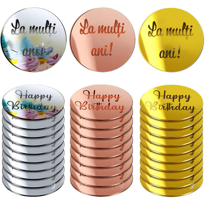 Set Toppere Rotunde din Acril Oglinda, Happy Birthday & La multi ani – Decoratiuni Elegante pentru Briose, Prajituri, Torturi si Evenimente Speciale