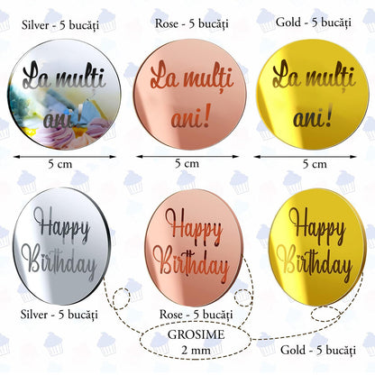 Set Toppere Rotunde din Acril Oglinda, Happy Birthday & La multi ani – Decoratiuni Elegante pentru Briose, Prajituri, Torturi si Evenimente Speciale