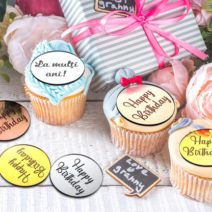 Set Toppere Rotunde din Acril Oglinda, Happy Birthday & La multi ani – Decoratiuni Elegante pentru Briose, Prajituri, Torturi si Evenimente Speciale