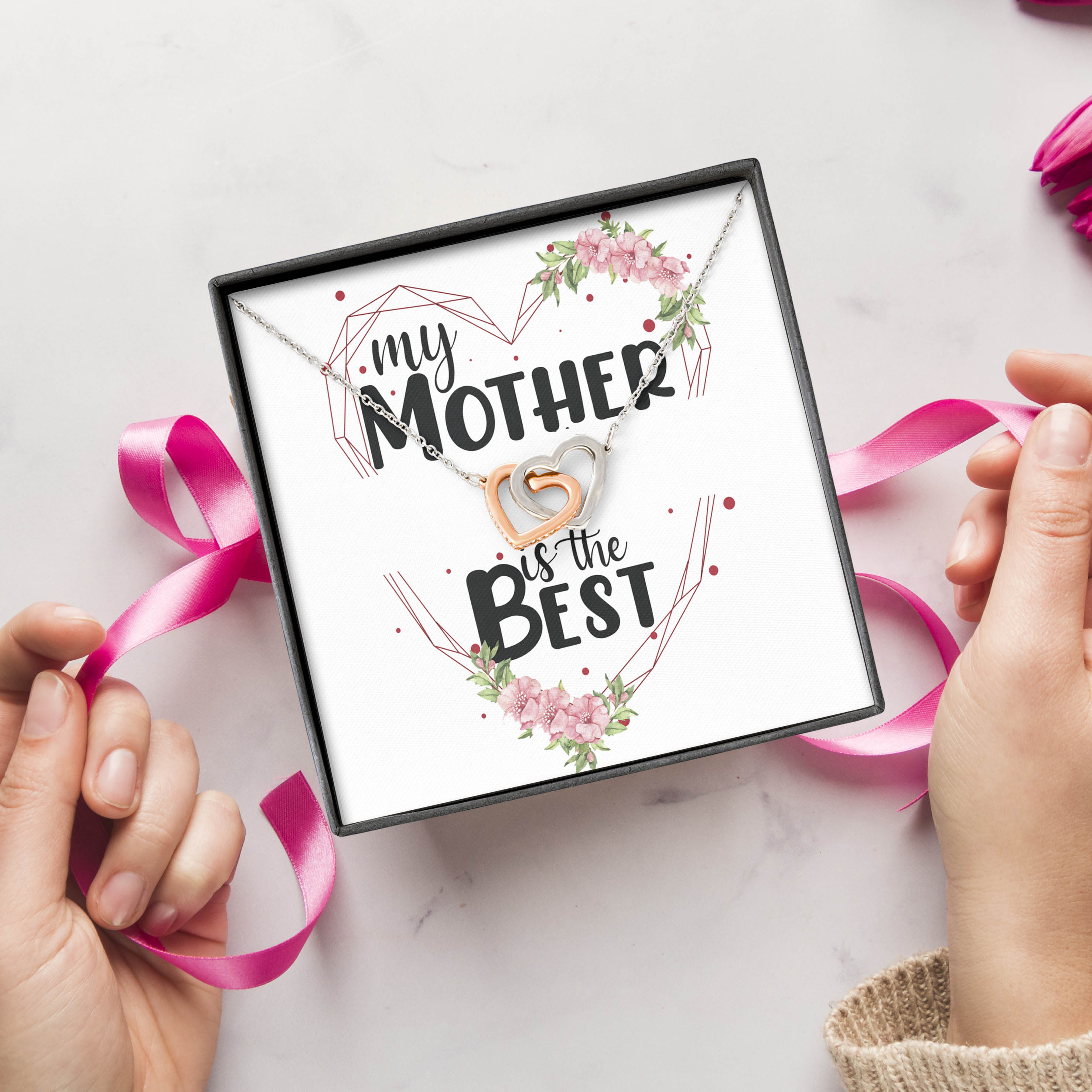 Colier Cu Pandant Inimi Interconectate Placate Cu Aur Alb si Aur Rose, Cadou Pentru Mama, Card Personalizat "My mother is the best"