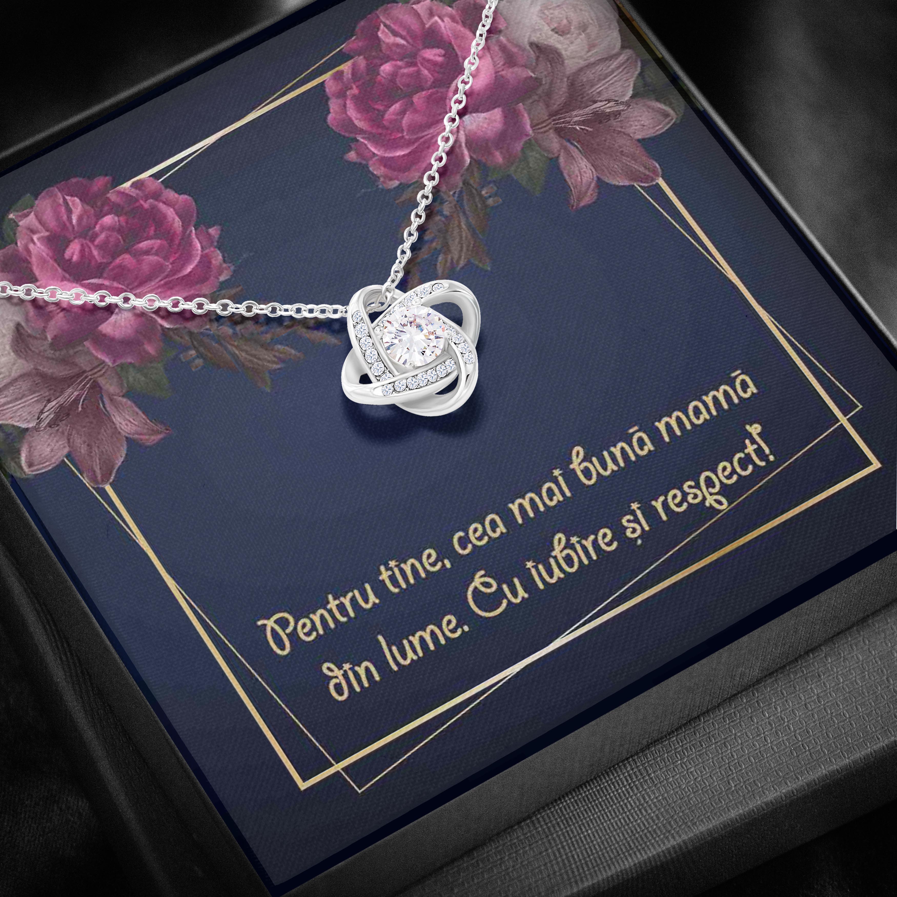 Colier Cu Pandant Nod Placat Cu Aur Alb si Aur Rose, Cadou Pentru Mama, Card Personalizat "Pentru tine, cea mai buna mama din lume"