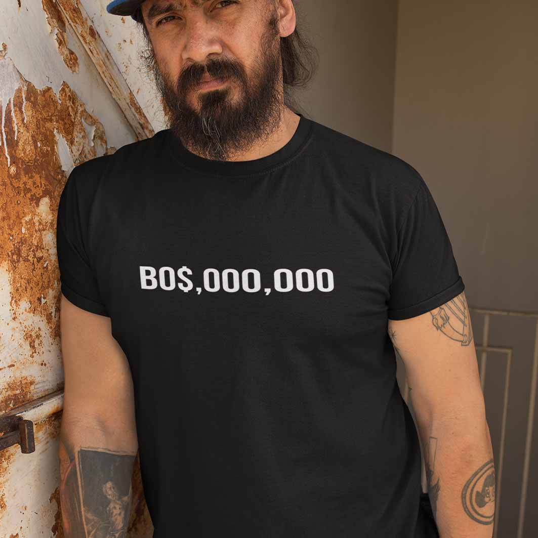 Tricou Negru, Bumbac 100%, 160 g/mp, 1.	"BO$.000.000": Un tricou personalizat cu un cuvânt puternic și ambițios
