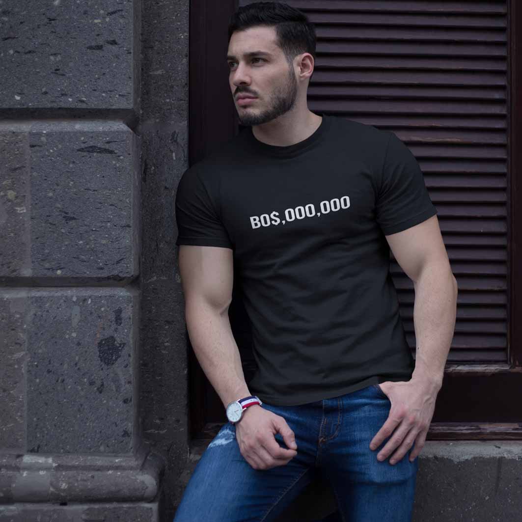 Tricou Negru, Bumbac 100%, 160 g/mp, 1.	"BO$.000.000": Un tricou personalizat cu un cuvânt puternic și ambițios