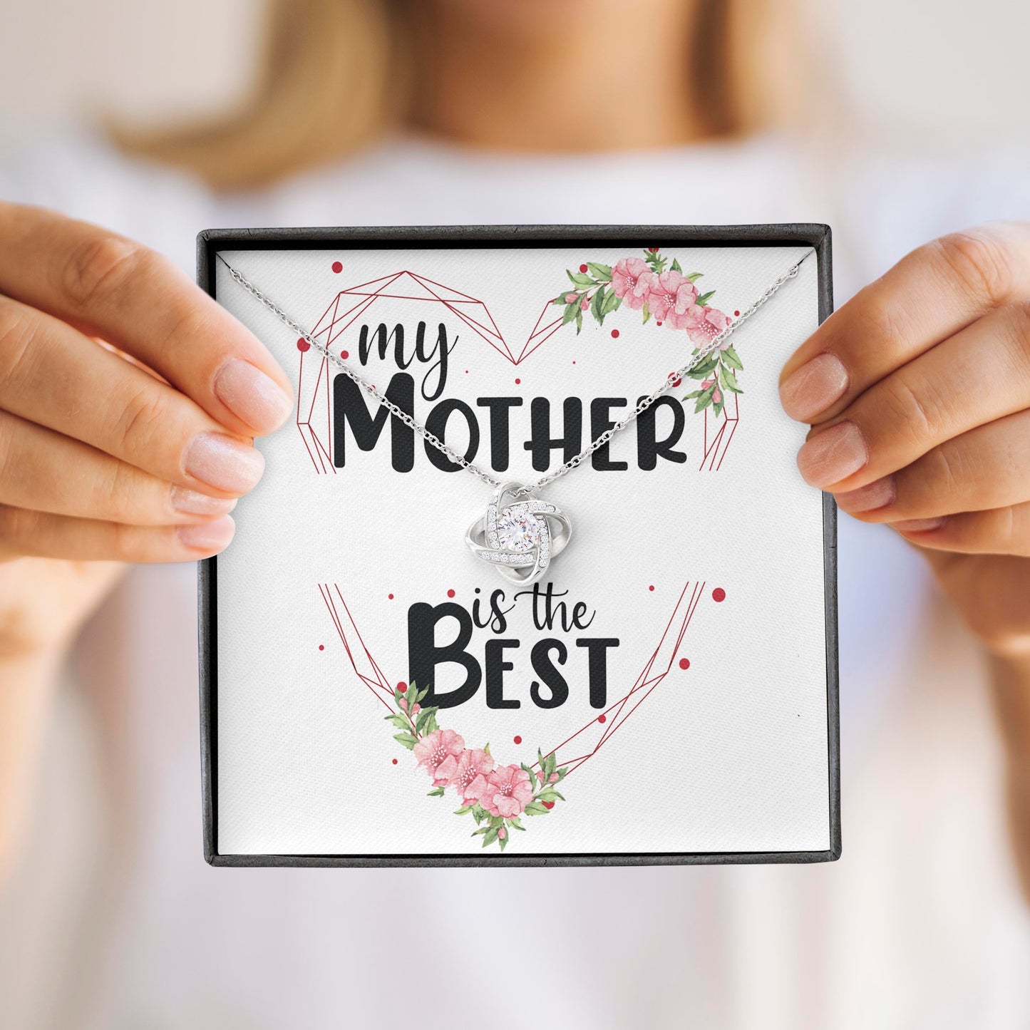 Colier Cu Pandant Nod Placat Cu Aur Alb si Aur Rose, Cadou Pentru Mama, Card Personalizat "My mother is the best"