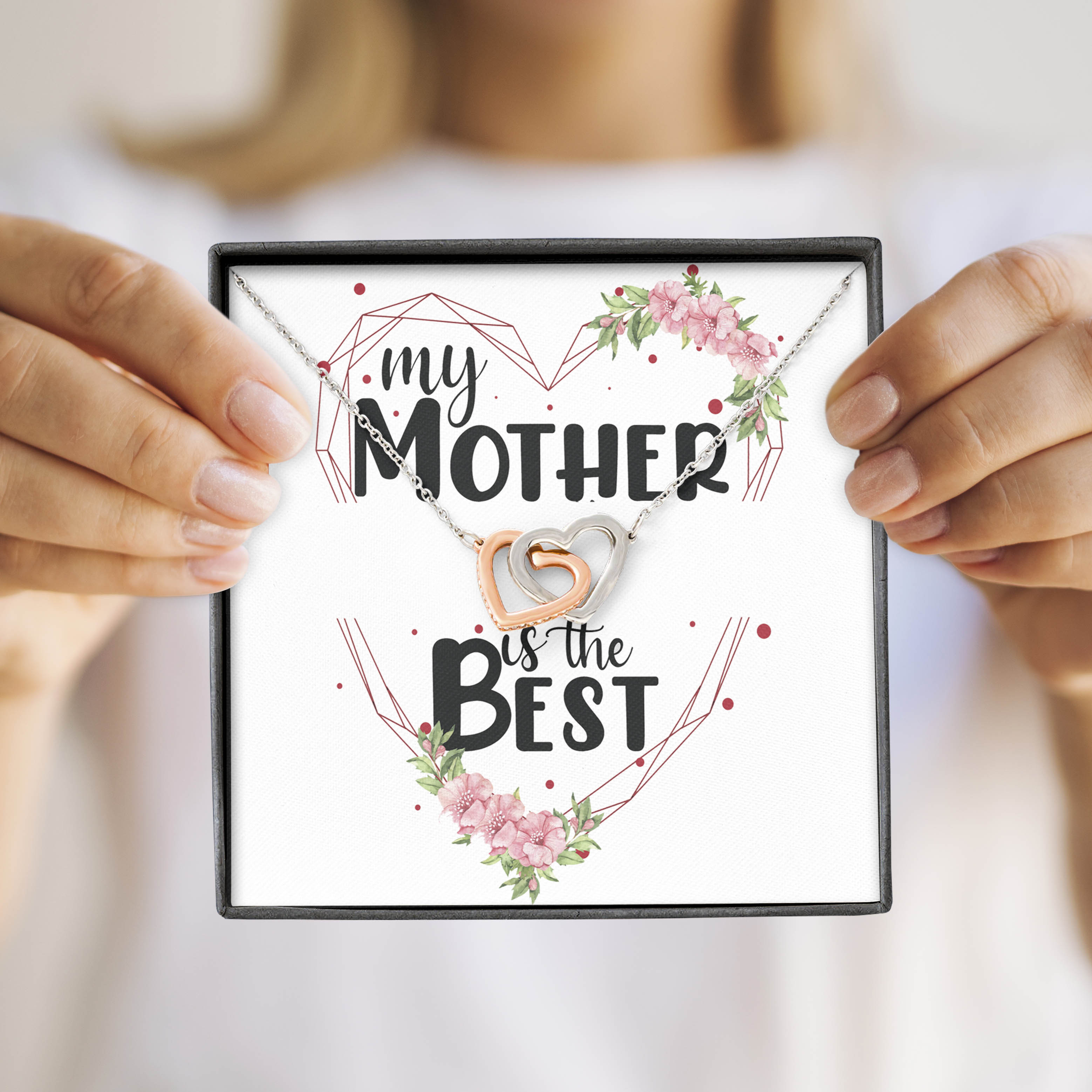 Colier Cu Pandant Inimi Interconectate Placate Cu Aur Alb si Aur Rose, Cadou Pentru Mama, Card Personalizat "My mother is the best"