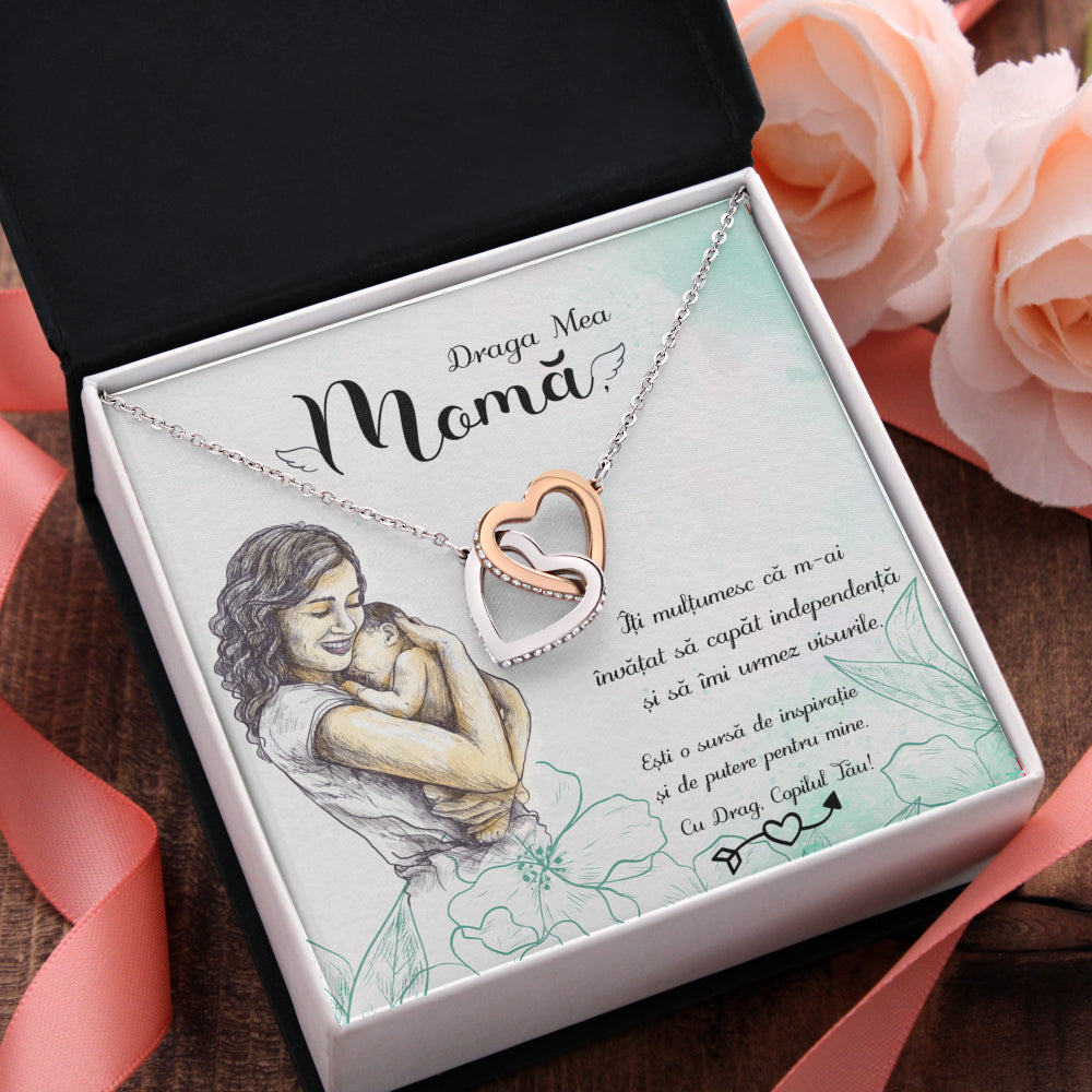 Colier Cu Pandant Inimi Interconectate Si Card Cu Mesaj Personalizat "Draga Mea Mama"