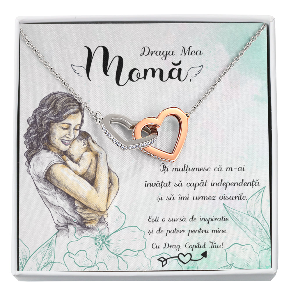 Colier Cu Pandant Inimi Interconectate Si Card Cu Mesaj Personalizat "Draga Mea Mama"