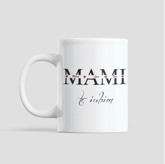 Cana ceramica, Personalizata cu text Mami te iubim si numele alese de tine - Alexia Gifts