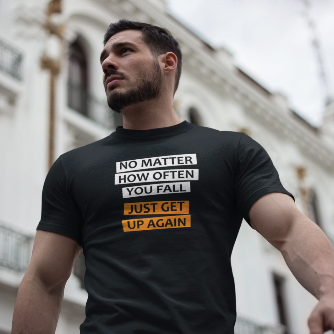 Tricou UNISEX, Joystos, Personalizat cu Mesaj Motivational "No Matter How Often You Fall", Negru, 100% bumbac