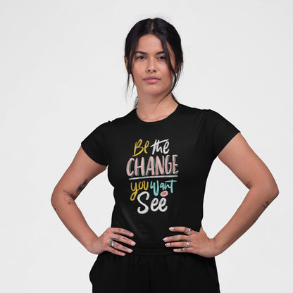 Cadou. Tricou UNISEX Personalizat Cu Mesaj "Be The Change You Want To See", JOYSTOS, Negru 100% Bumbac