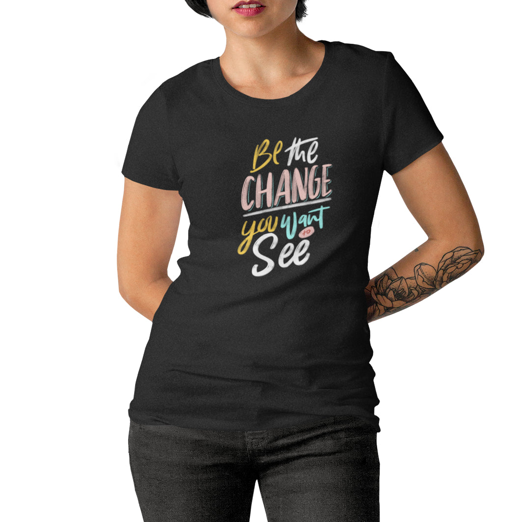 Cadou. Tricou UNISEX Personalizat Cu Mesaj "Be The Change You Want To See", JOYSTOS, Negru 100% Bumbac