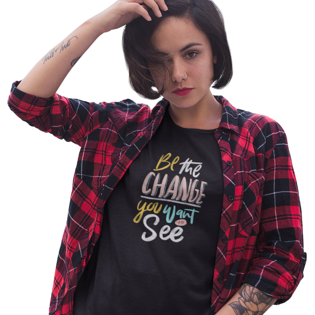 Cadou. Tricou UNISEX Personalizat Cu Mesaj "Be The Change You Want To See", JOYSTOS, Negru 100% Bumbac