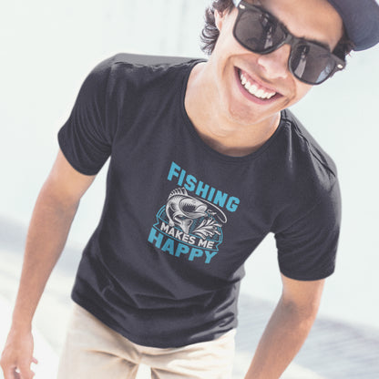 Tricou UNISEX, Joystos, Personalizat cu Mesaj Pentru Pescari "Fishing Makes Me Happy", Negru, 100% bumbac, 165g/mp