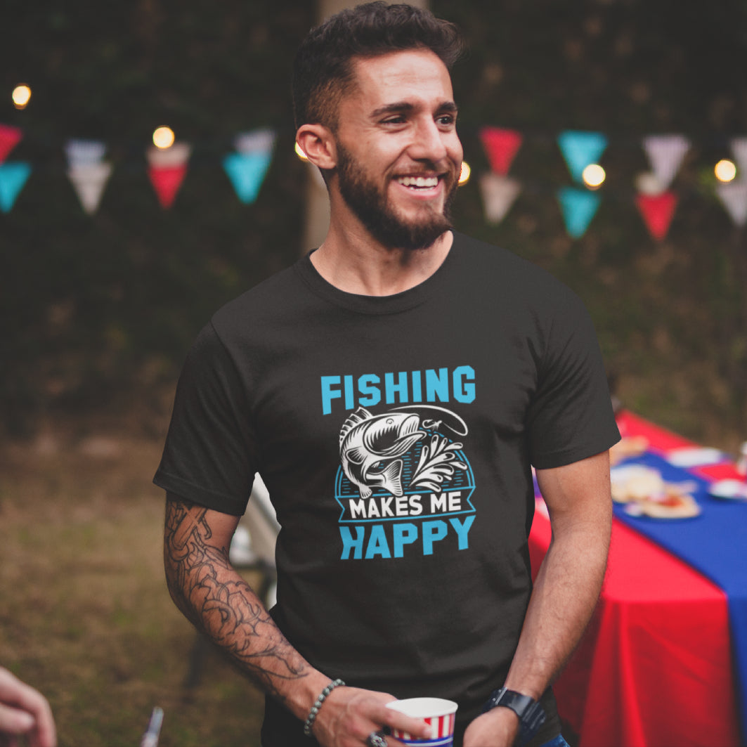 Tricou UNISEX, Joystos, Personalizat cu Mesaj Pentru Pescari "Fishing Makes Me Happy", Negru, 100% bumbac, 165g/mp
