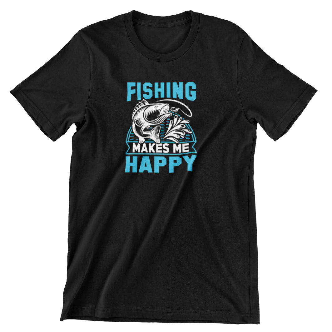 Tricou UNISEX, Joystos, Personalizat cu Mesaj Pentru Pescari "Fishing Makes Me Happy", Negru, 100% bumbac, 165g/mp