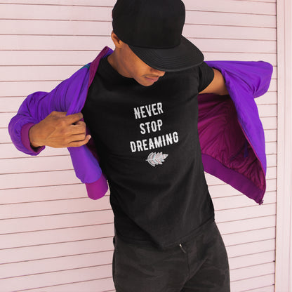 Tricou UNISEX, Joystos, Personalizat cu Mesaj Motivational "Never Stop Dreaming", Negru, 100% bumbac, 165g/mp