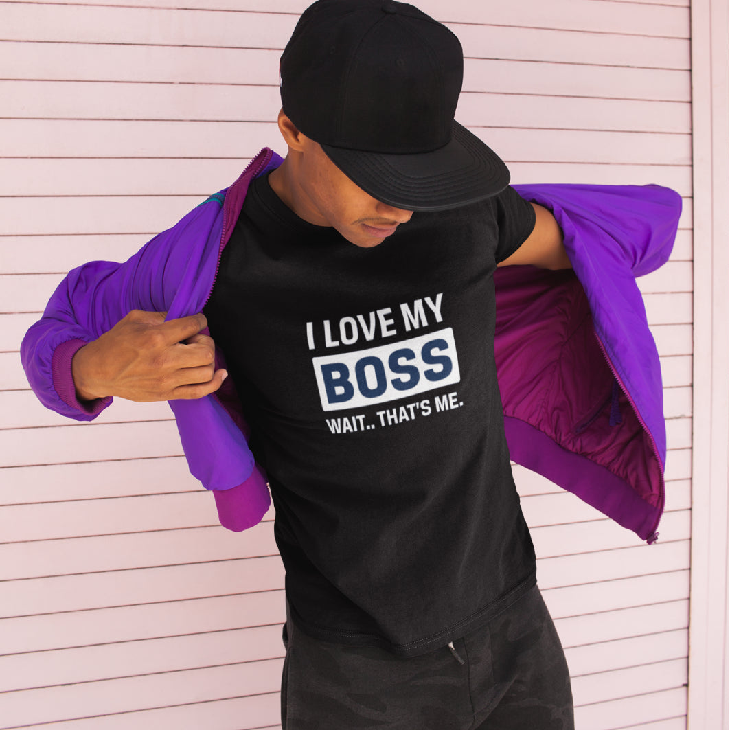 Tricou UNISEX, Joystos, Personalizat cu Mesaj Motivational "I Love My Boss", Negru, 100% bumbac