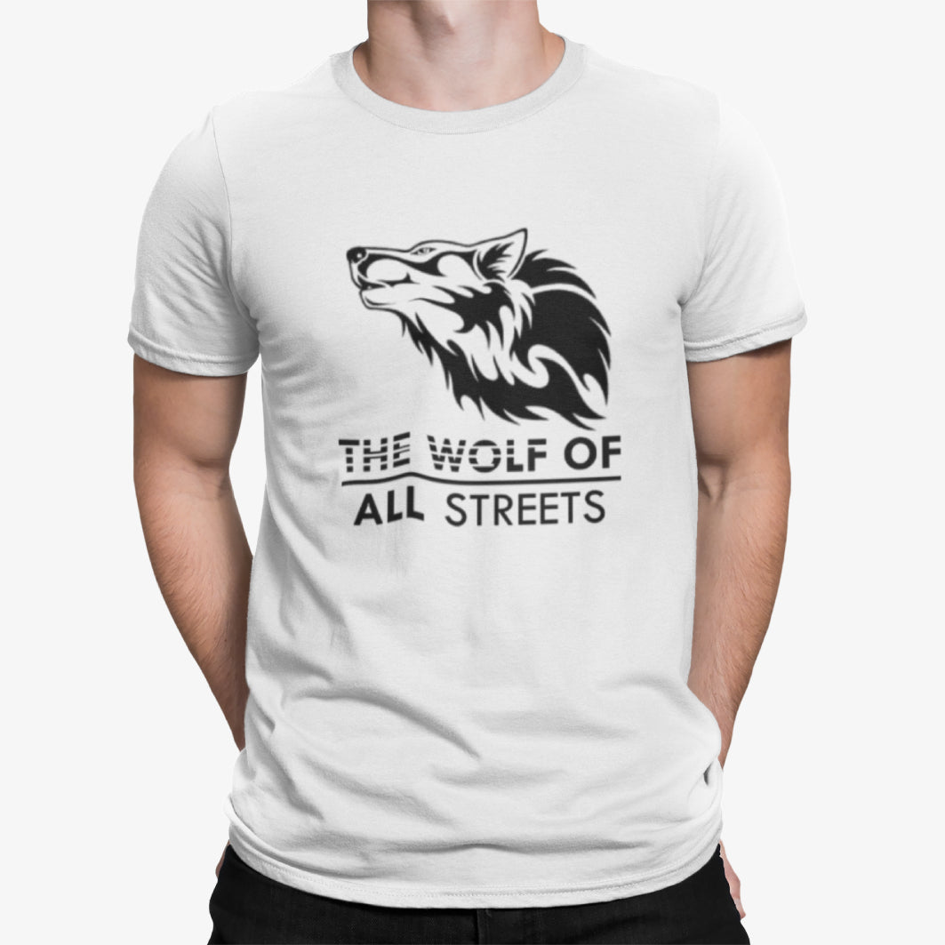 Tricou UNISEX, Joystos, Personalizat cu Mesaj Motivational "Wolf Of All Streets.", Alb, 100% bumbac, 165g/mp