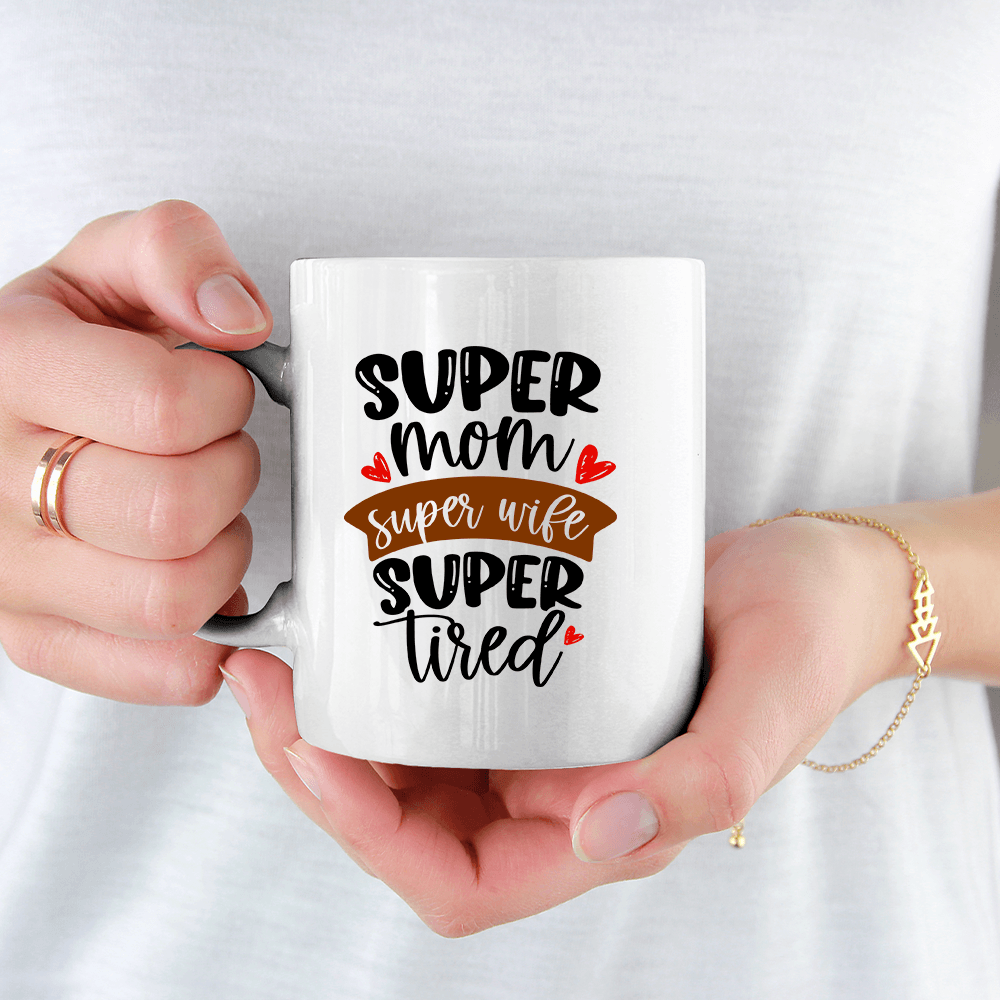 Cadou Pentru Mama, Cana Ceramica, 330 ml, Mesaj "Super Mom Super Wife Super Tired" - Alexia Gifts