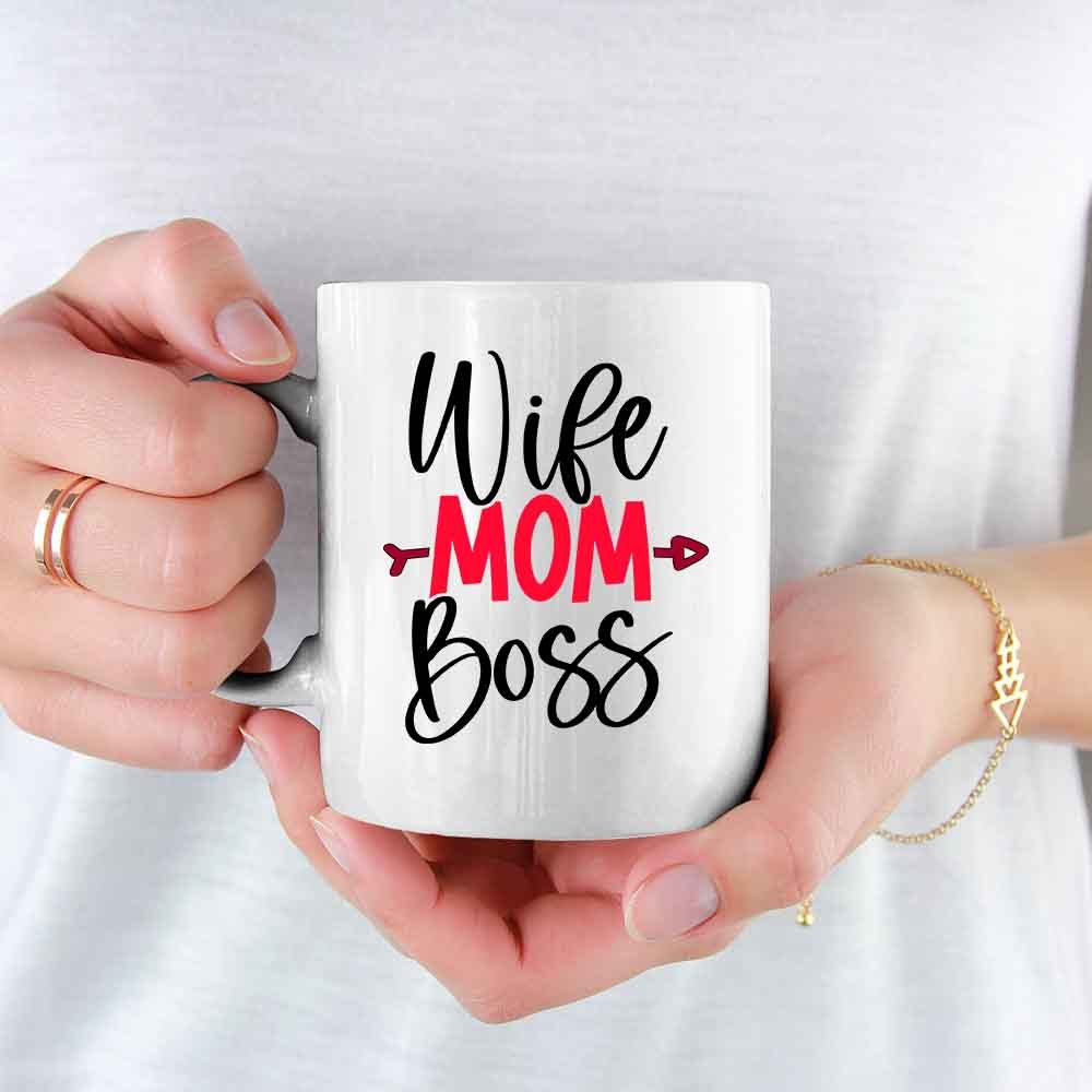 Cadou Pentru Mama, Cana Ceramica, 330 ml, Mesaj "Wife Mom Boss" - Alexia Gifts