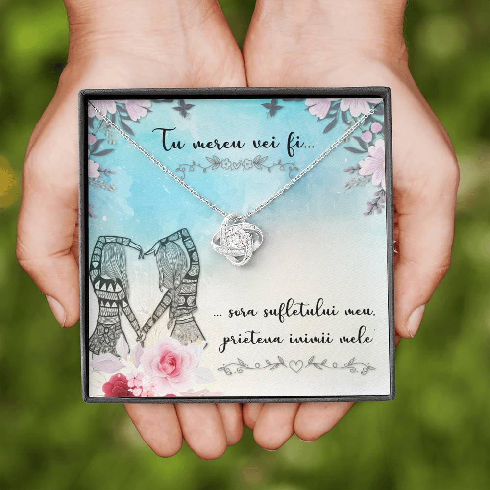 Personalizeaza Card Cu Mesajul Tau - Colier cu Pandant Nod Placat cu Aur Alb 14 K - Pentru Sora - Alexia Gifts