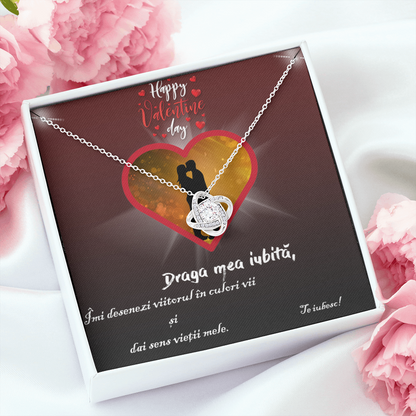 Colier cu Pandant Nod placat cu Aur Alb 14K, Card personalizat, daraga mea iubita, Imi desenezi...