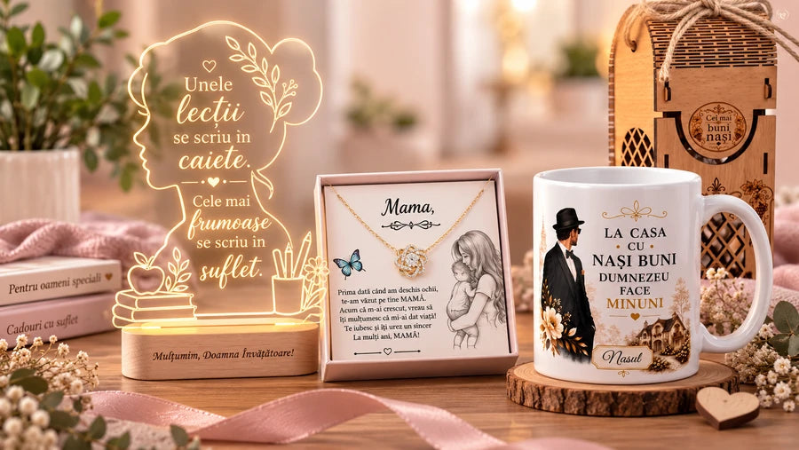 Lămpi personalizate, bijuterie pentru mamă și cană pentru nași, pregătite pentru a fi oferite